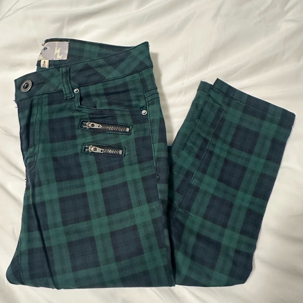 Green Plaid Pants with Zipper Accents